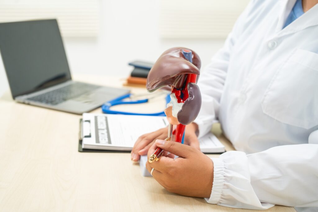A female doctor works at a desk in hospital, discussing liver diseases like hepatitis B,cirrhosis