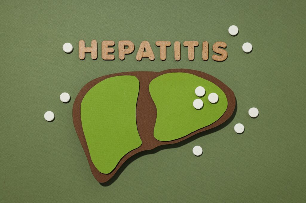 Paper liver mockup and text on green background, top view